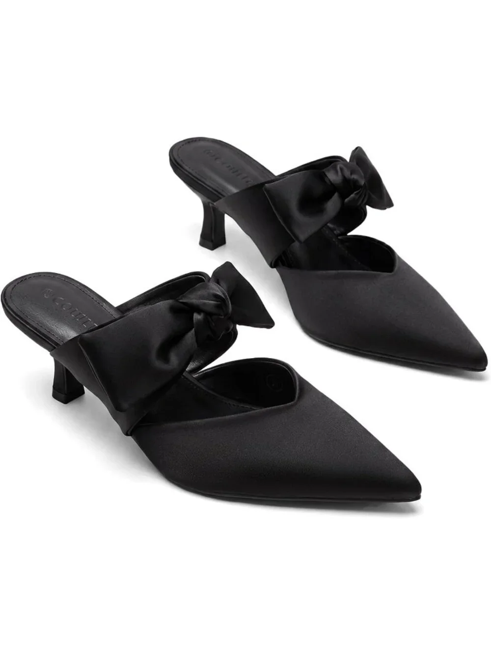 Women's Black Rubber Satin Bow Strap Kitten Heels Pointed Toe Slip On Mule Pumps